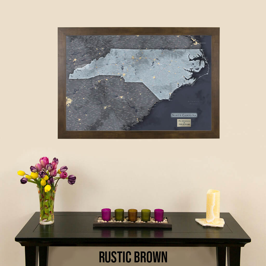 Framed Slate North Carolina Push Pin Travel Map in Rustic Brown Frame