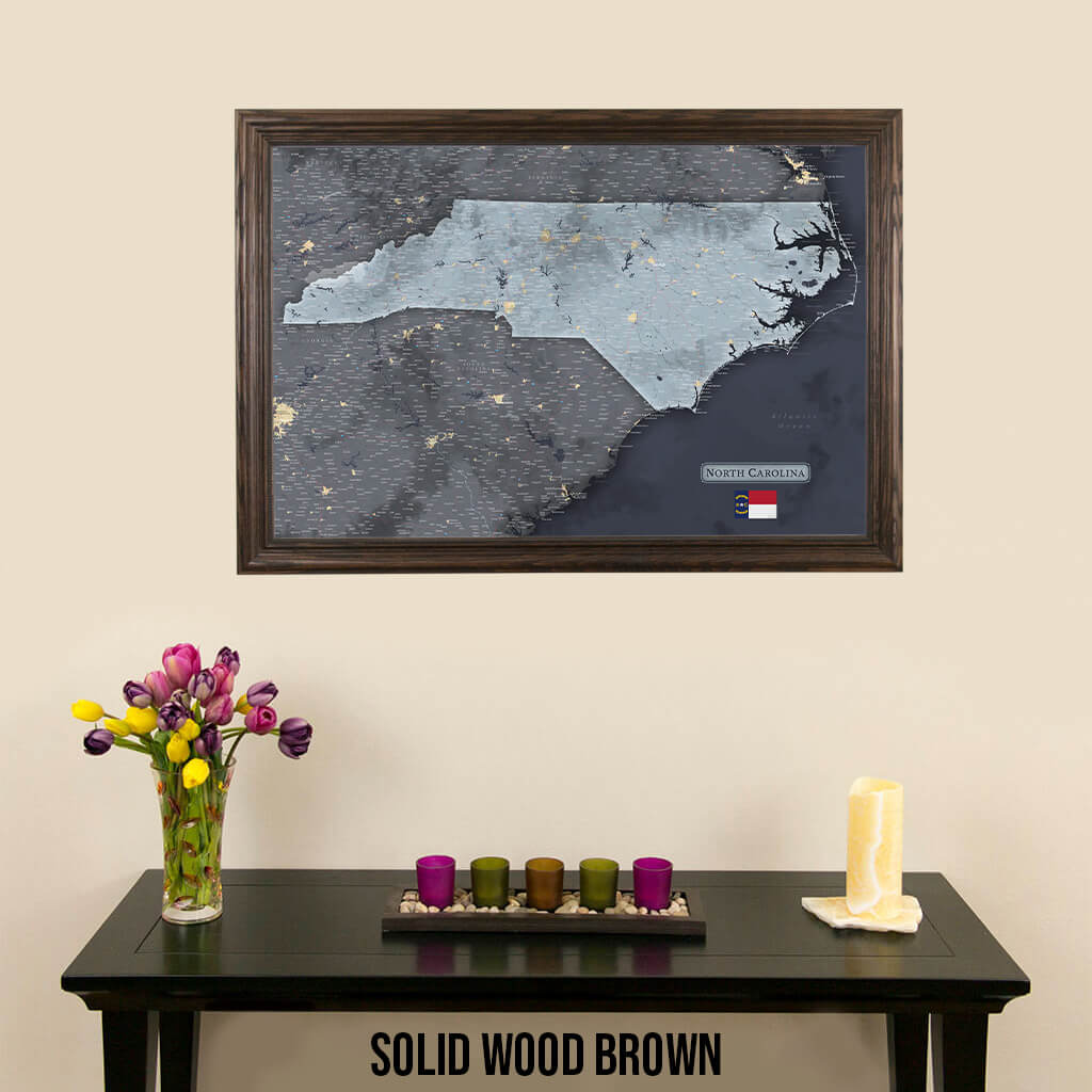 Framed Slate North Carolina Push Pin Travel Map in Solid Wood Brown Frame