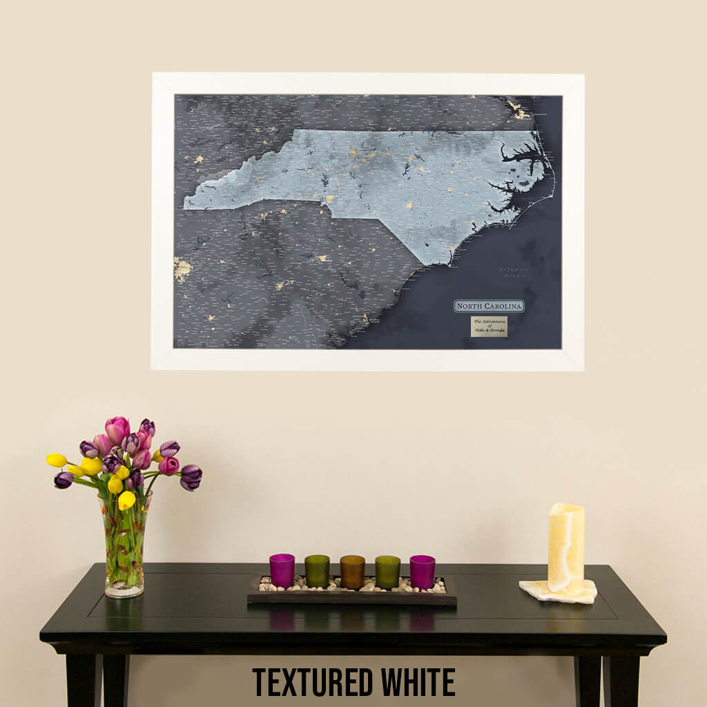 Framed Slate North Carolina Push Pin Travel Map in Textured White Frame