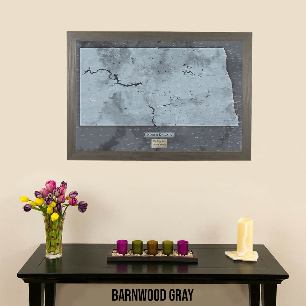 Framed Slate North Dakota Wall Map in Barnwood Gray Frame