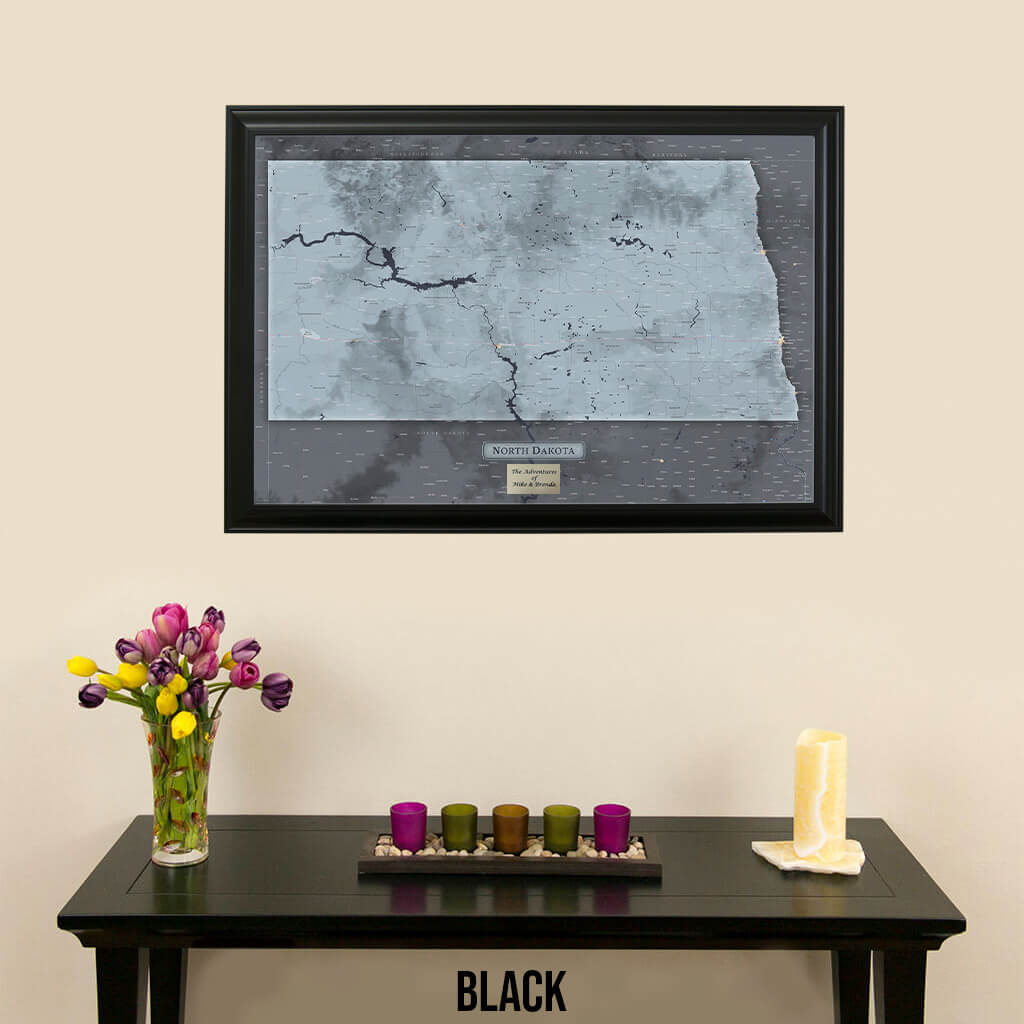 Framed Slate North Dakota Wall Map in Black Frame