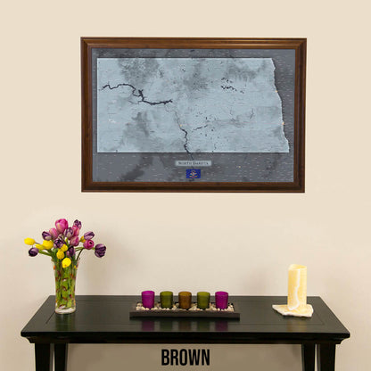 Framed Slate North Dakota Wall Map in Brown Frame