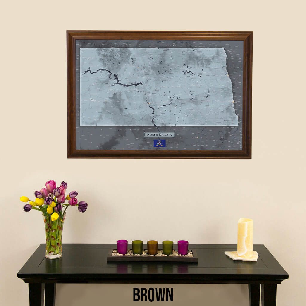 Framed Slate North Dakota Wall Map in Brown Frame