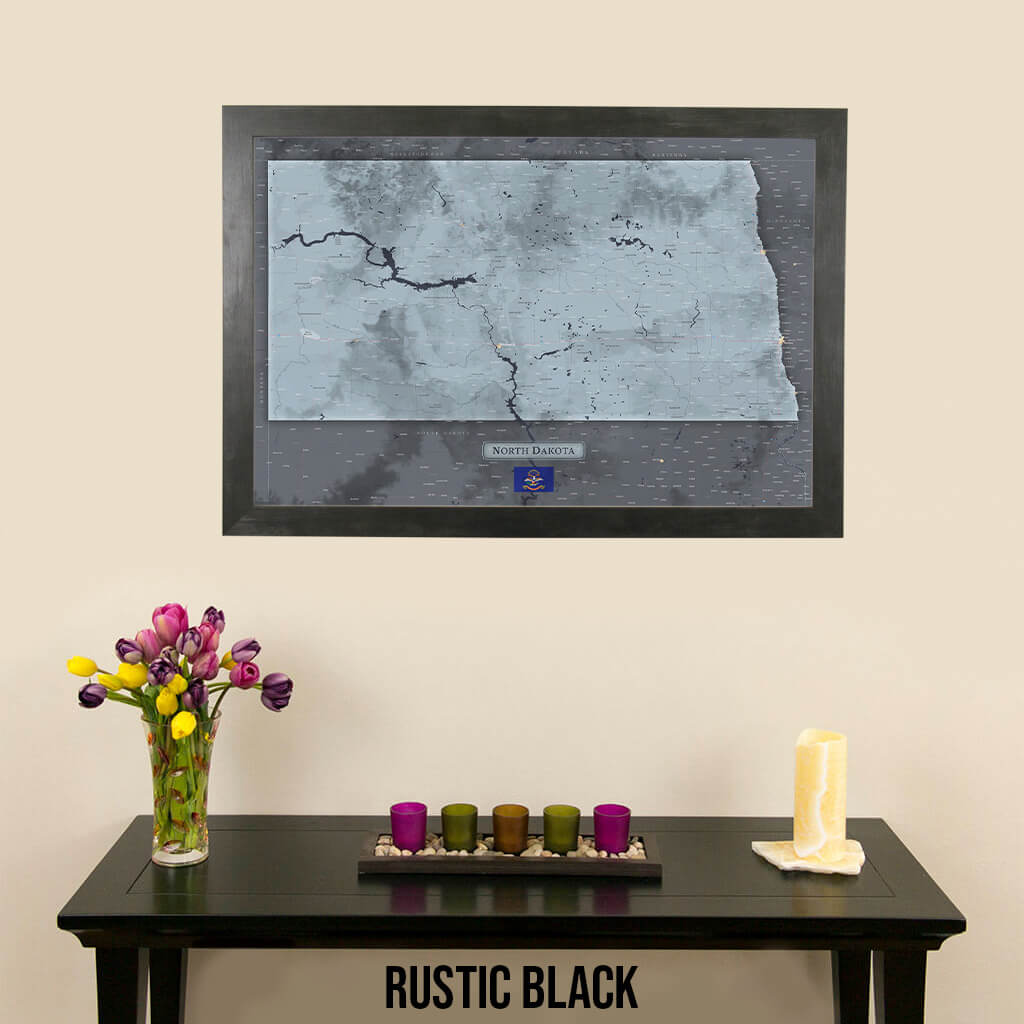 Framed Slate North Dakota Wall Map in Rustic Black Frame