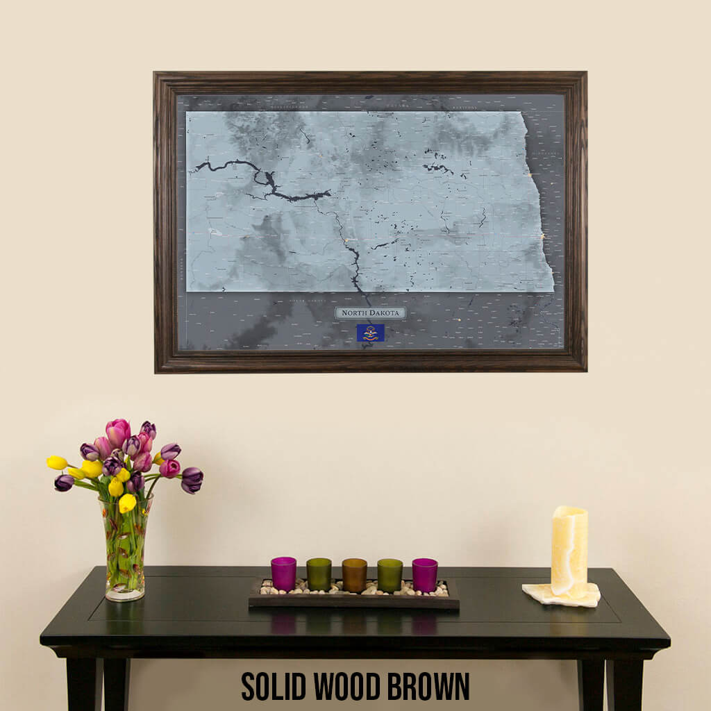 Framed Slate North Dakota Wall Map in Solid Wood Brown Frame