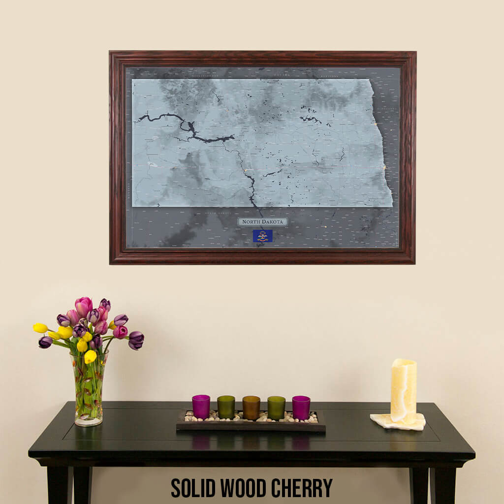 Framed Slate North Dakota Wall Map in Solid Wood Cherry Frame