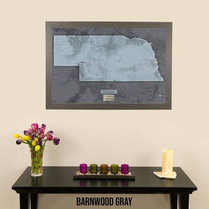 Slate Nebraska Push Pin Travel Map in Barnwood Gray Frame