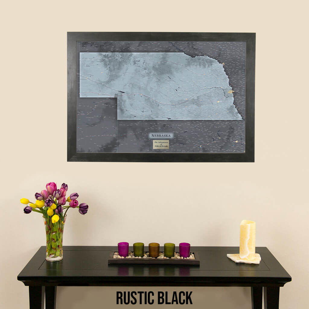 Slate Nebraska Push Pin Travel Map in Rustic Black Frame