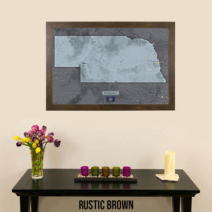 Slate Nebraska Push Pin Travel Map in Rustic Brown Frame