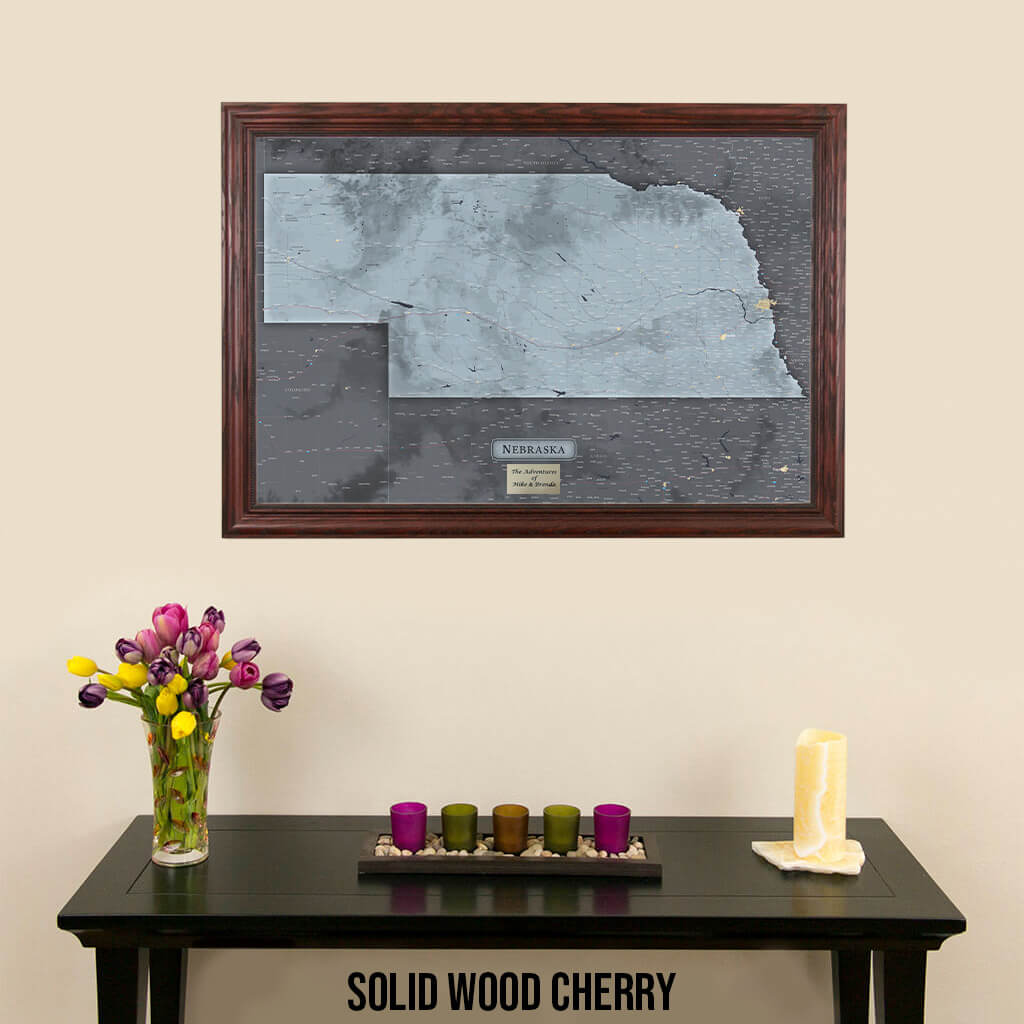 Slate Nebraska Push Pin Travel Map in Solid Wood Cherry Frame