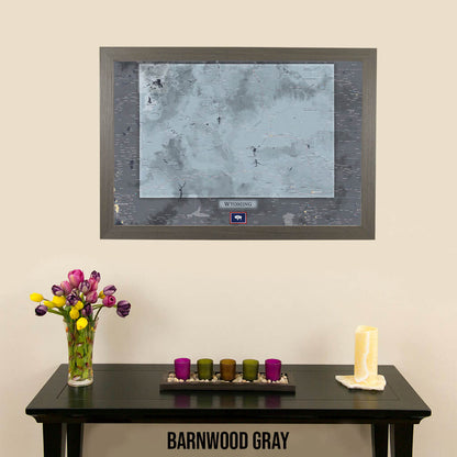 Framed Wyoming State Push Pin Travel Map in Barnwood Gray Frame