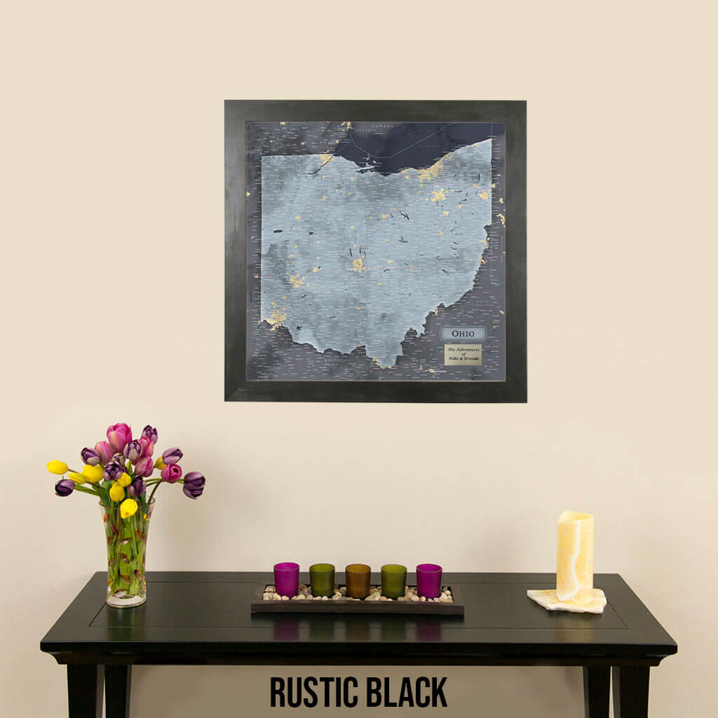Push Pin Travel Map of Ohio State in Slate Gray Colors in Rustic Black Frame