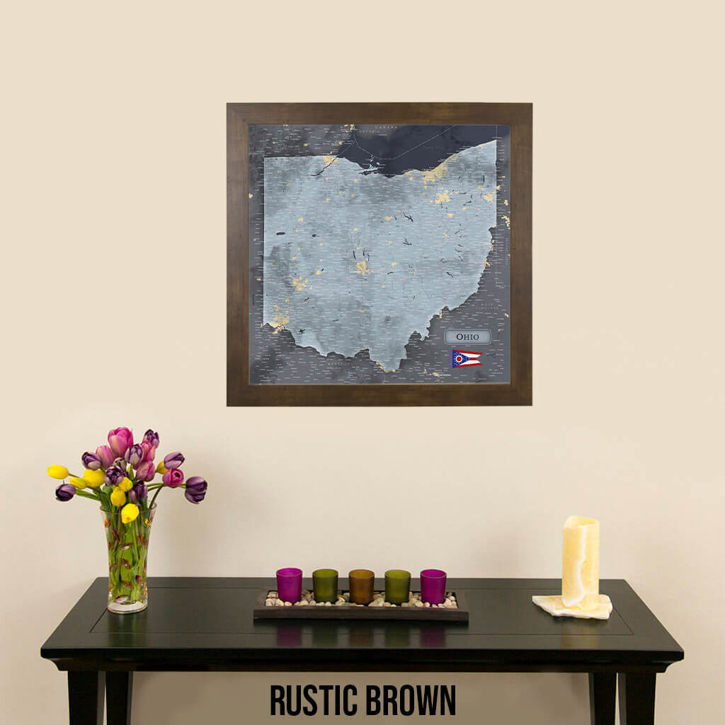 Framed Ohio Slate Push Pin Travel Map in Rustic Brown Frame