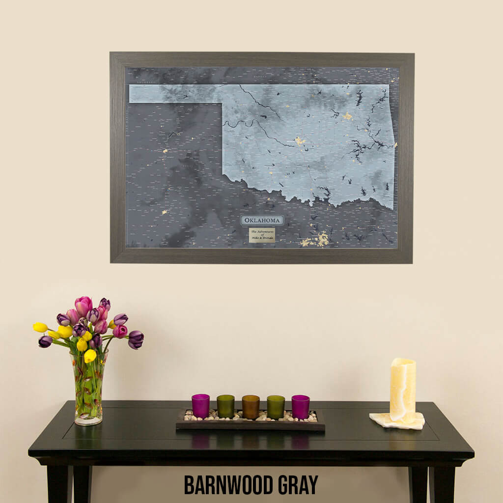 Framed Slate Oklahoma Push Pin Travel Map in Barnwood Gray Frame