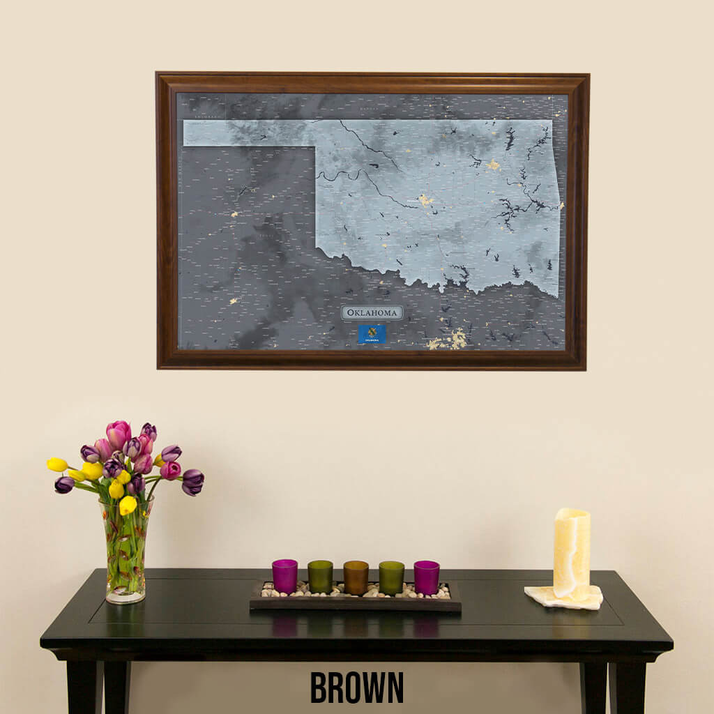 Framed Slate Oklahoma Push Pin Travel Map in Brown Frame