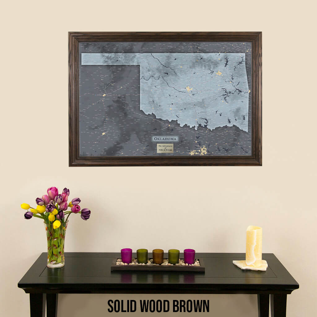 Framed Slate Oklahoma Push Pin Travel Map in Solid Wood Brown Frame