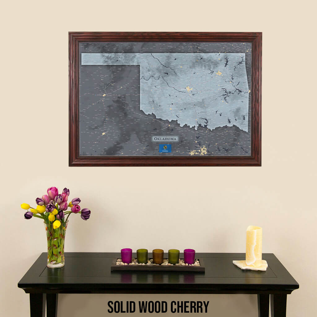 Framed Slate Oklahoma Push Pin Travel Map in Solid Wood Cherry Frame