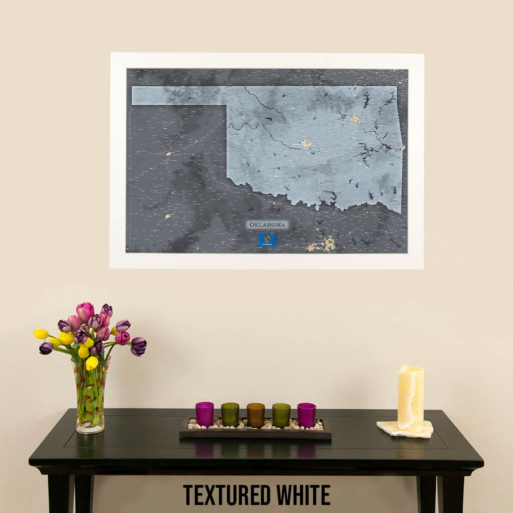 Framed Slate Oklahoma Push Pin Travel Map in Textured White Frame