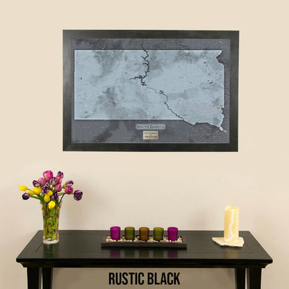 Slate South Dakota State Framed Push Pin Travel Map in Rustic Black Frame