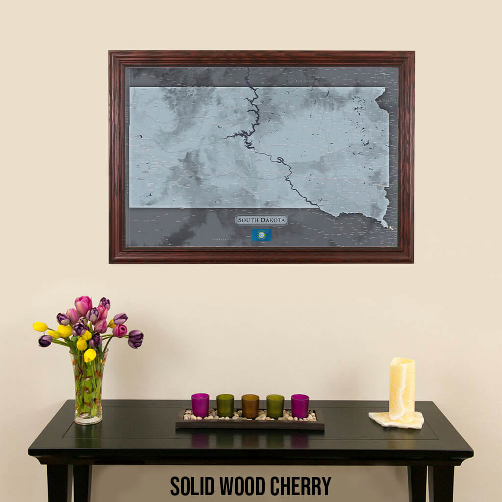 Slate South Dakota State Framed Push Pin Travel Map in Solid Wood Cherry Frame