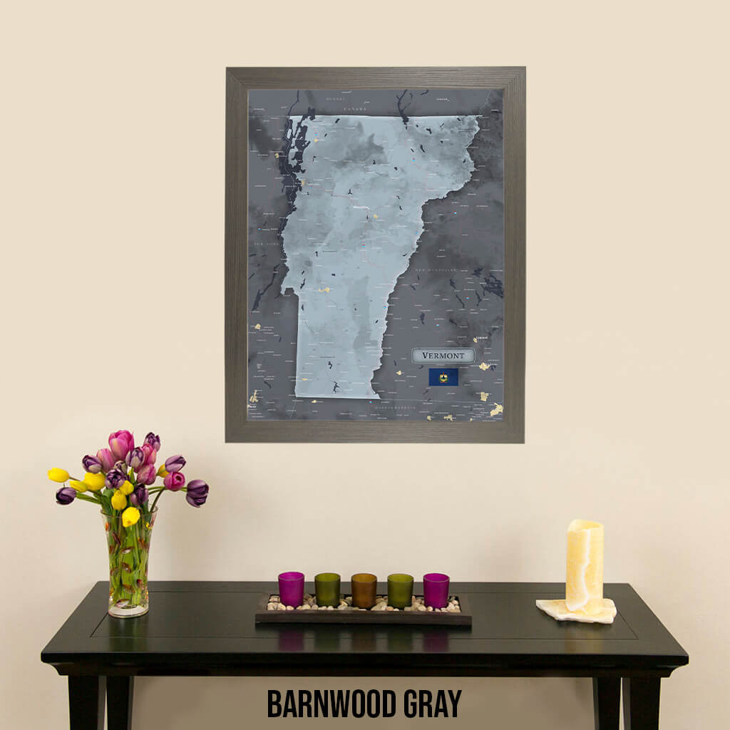 Framed Vermont Slate Travel Map with Pins in Barnwood Gray Frame