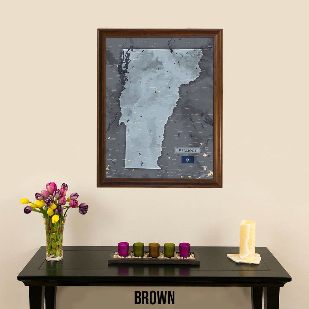 Framed Vermont Slate Travel Map with Pins in Brown Frame