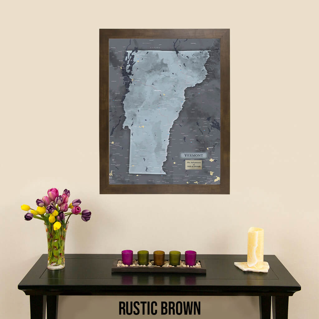 Framed Vermont Slate Travel Map with Pins in Rustic Brown Frame