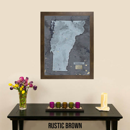 Framed Vermont Slate Travel Map with Pins in Rustic Brown Frame