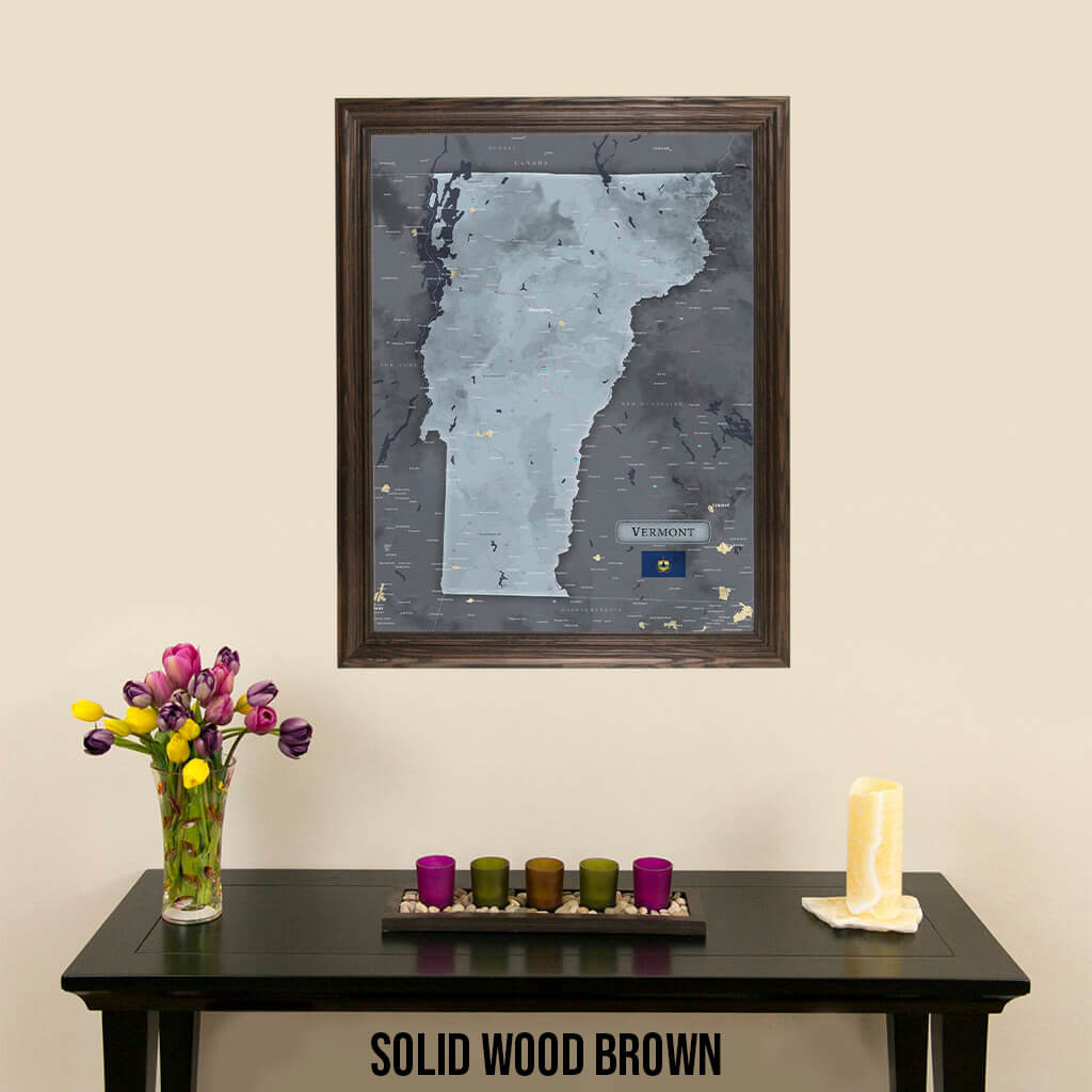 Framed Vermont Slate Travel Map with Pins in Solid Wood Brown Frame