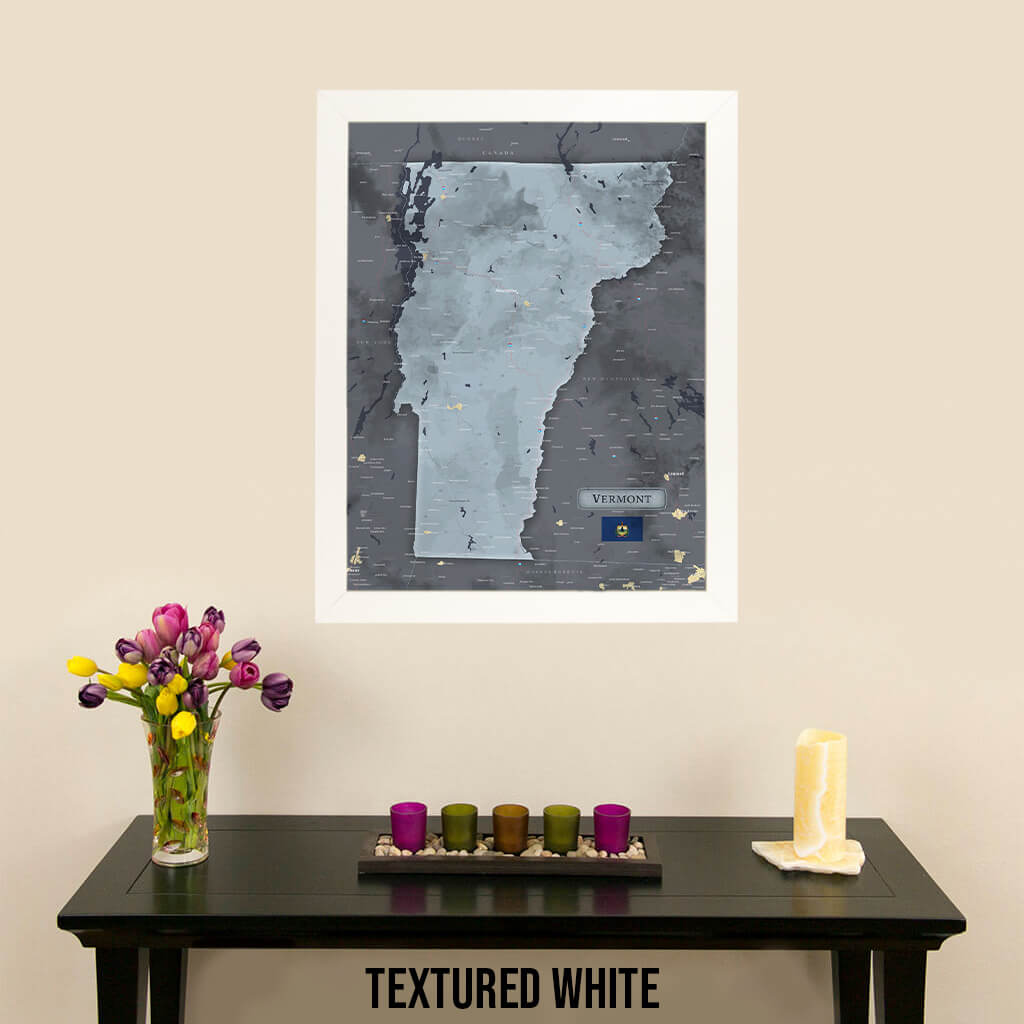 Framed Vermont Slate Travel Map with Pins in Textured White Frame