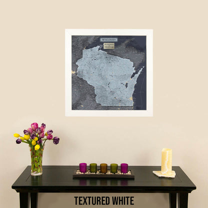 Slate Wisconsin State Push Pin Travel Map in Textured White Frame