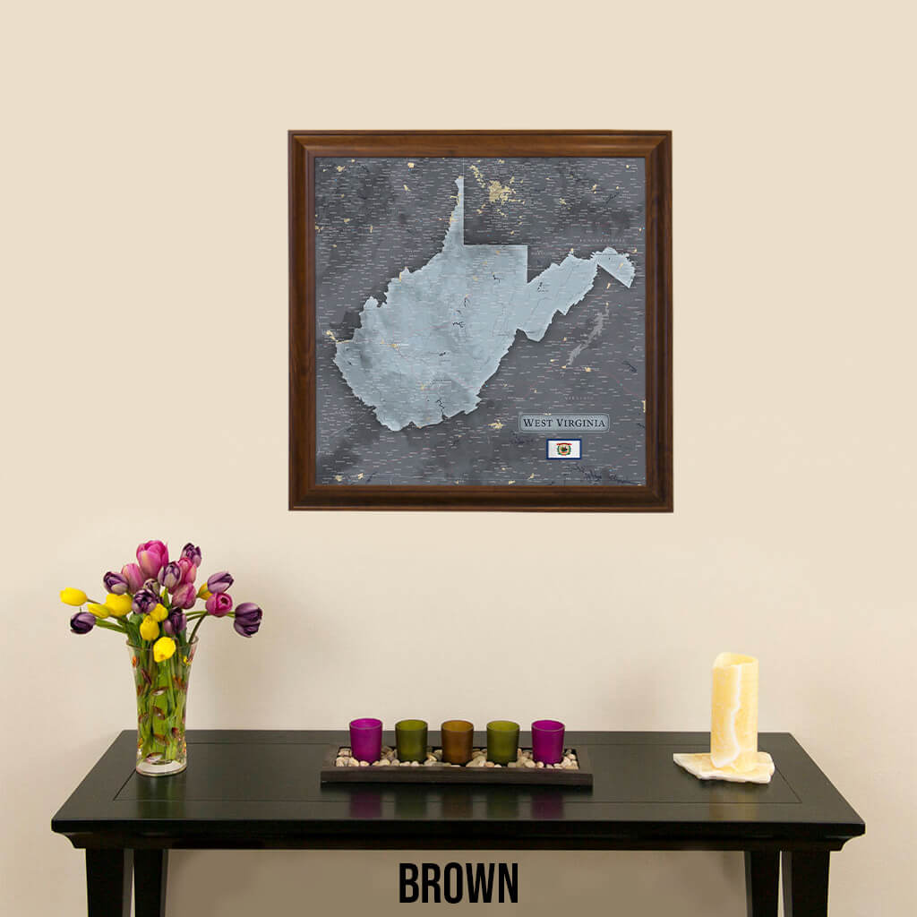 West Virginia Slate Push Pin Travel Map in Brown Frame