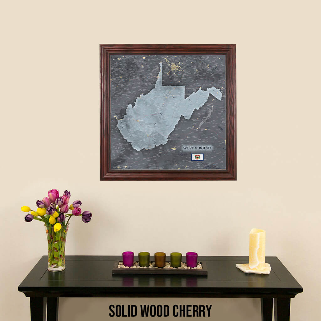 West Virginia Slate Push Pin Travel Map in Solid Wood Cherry Frame