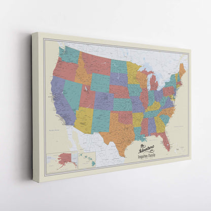Gallery Wrapped - Tan Oceans USA Travel Map with pins