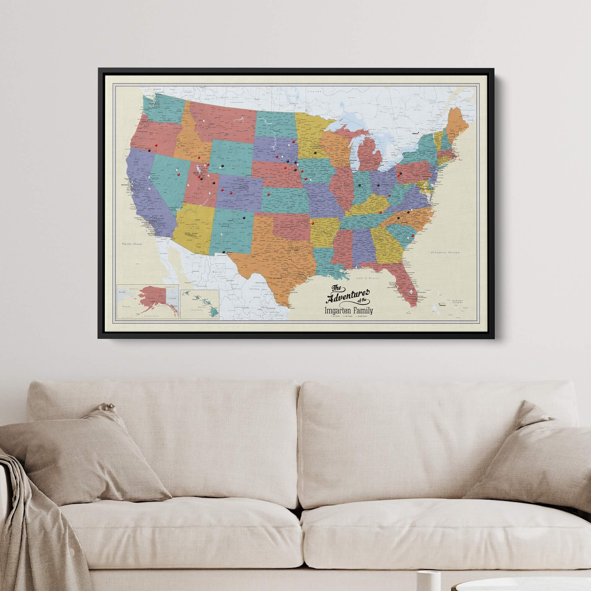 Canvas - Tan Oceans USA Travel Pin Map