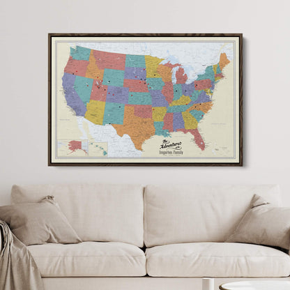 Canvas - Tan Oceans USA Travel Pin Map