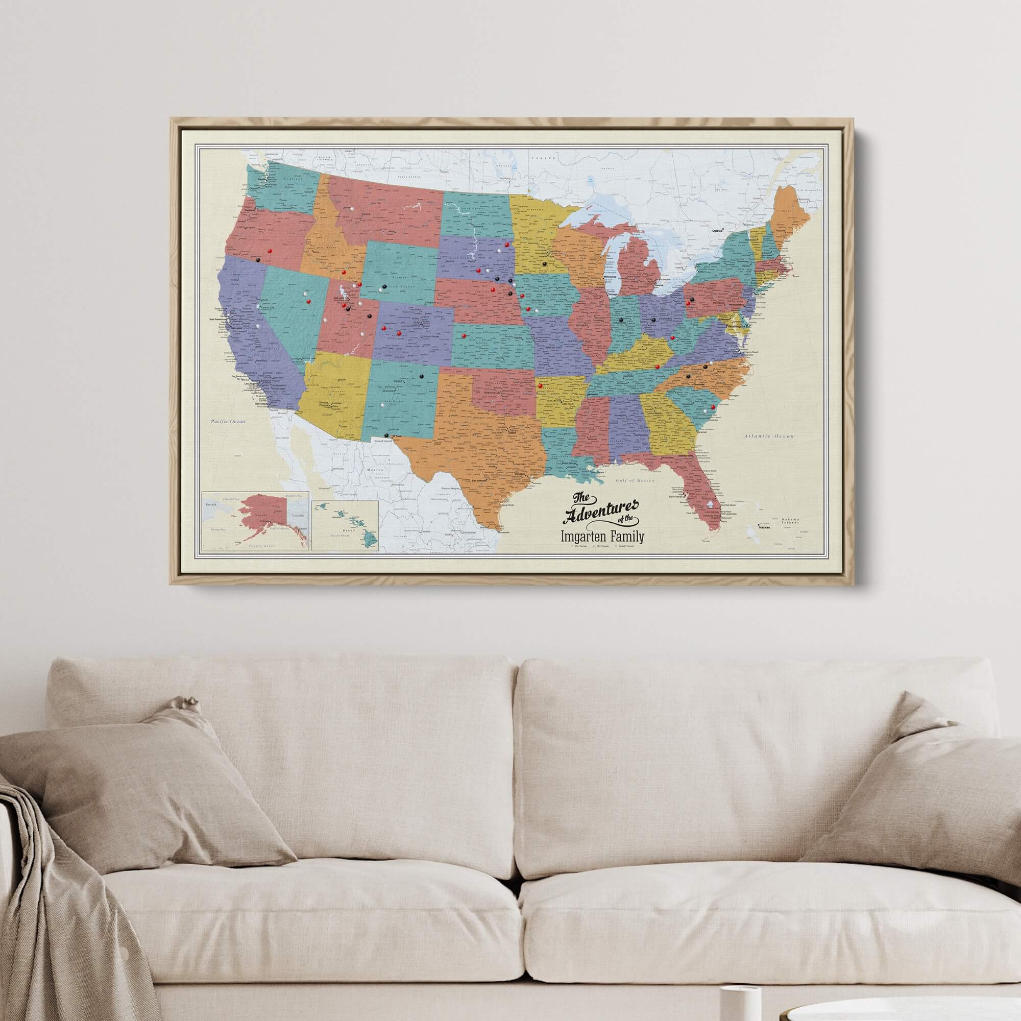 Canvas - Tan Oceans USA Travel Pin Map