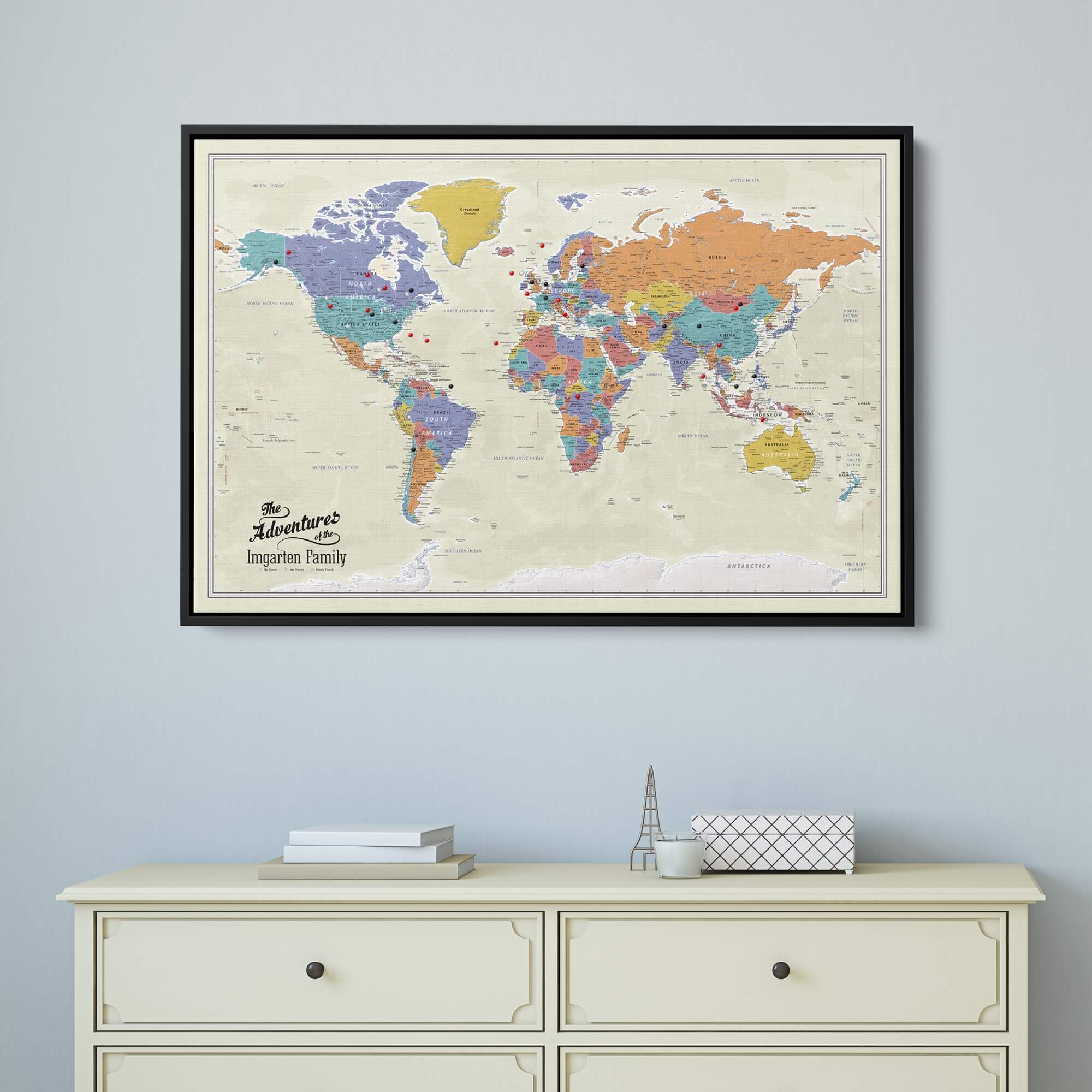 Canvas - Tan Oceans World Travel Map with pins