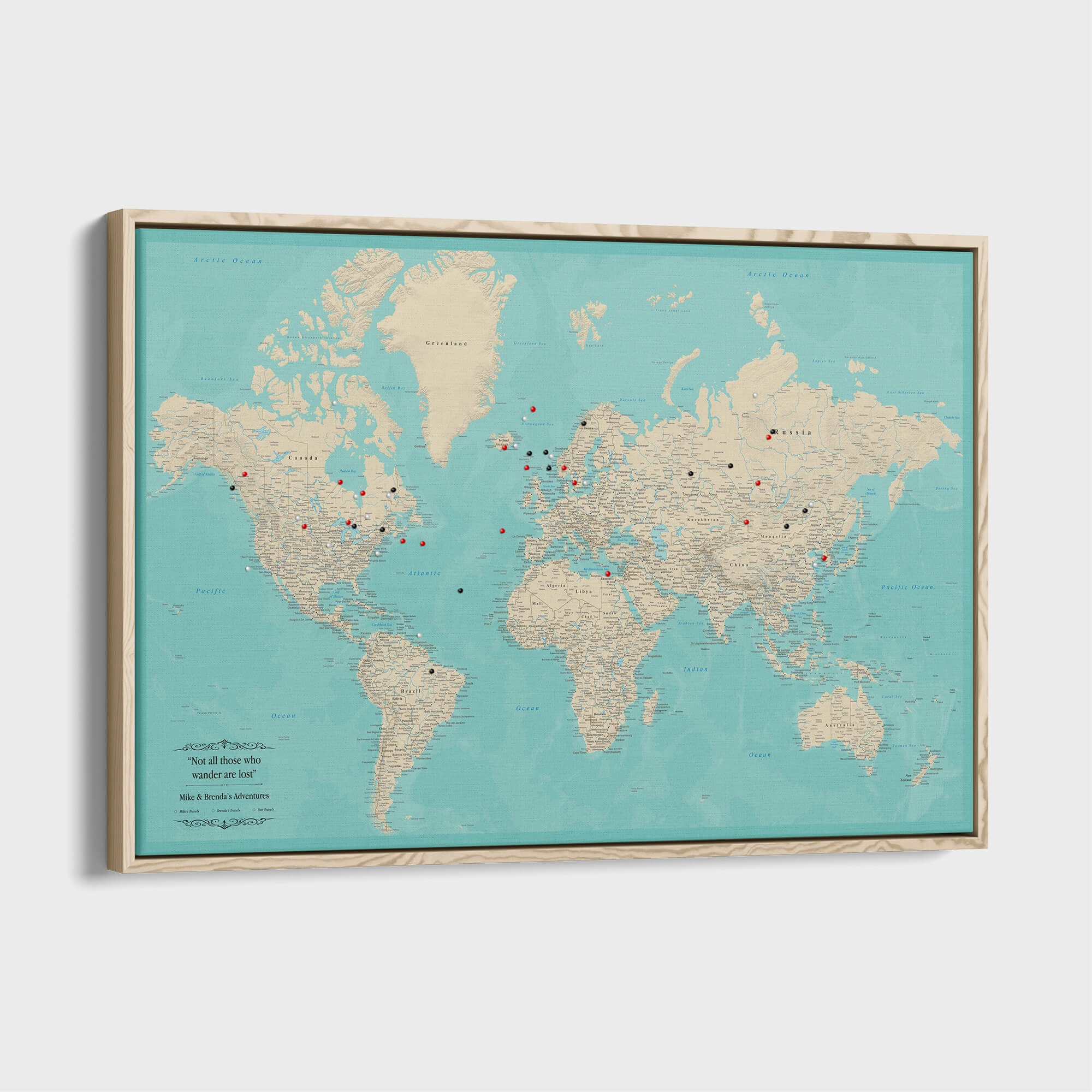 Canvas - Teal Dream World Push Pin Map with Pins