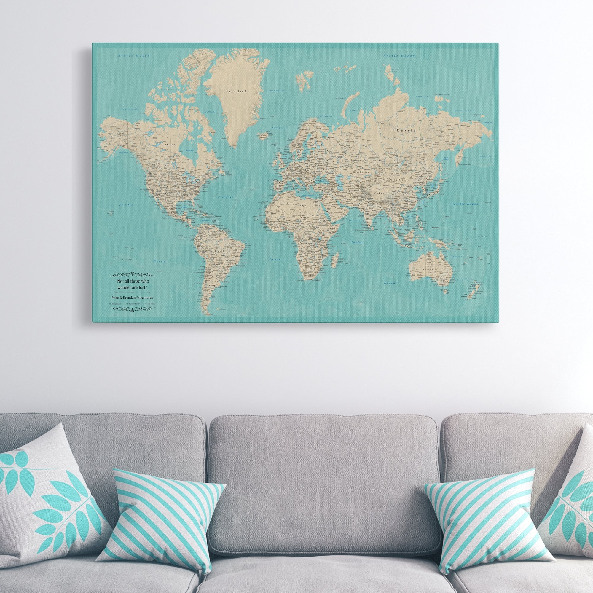 Gallery Wrapped - Teal Dream World Push Pin Map with Pins