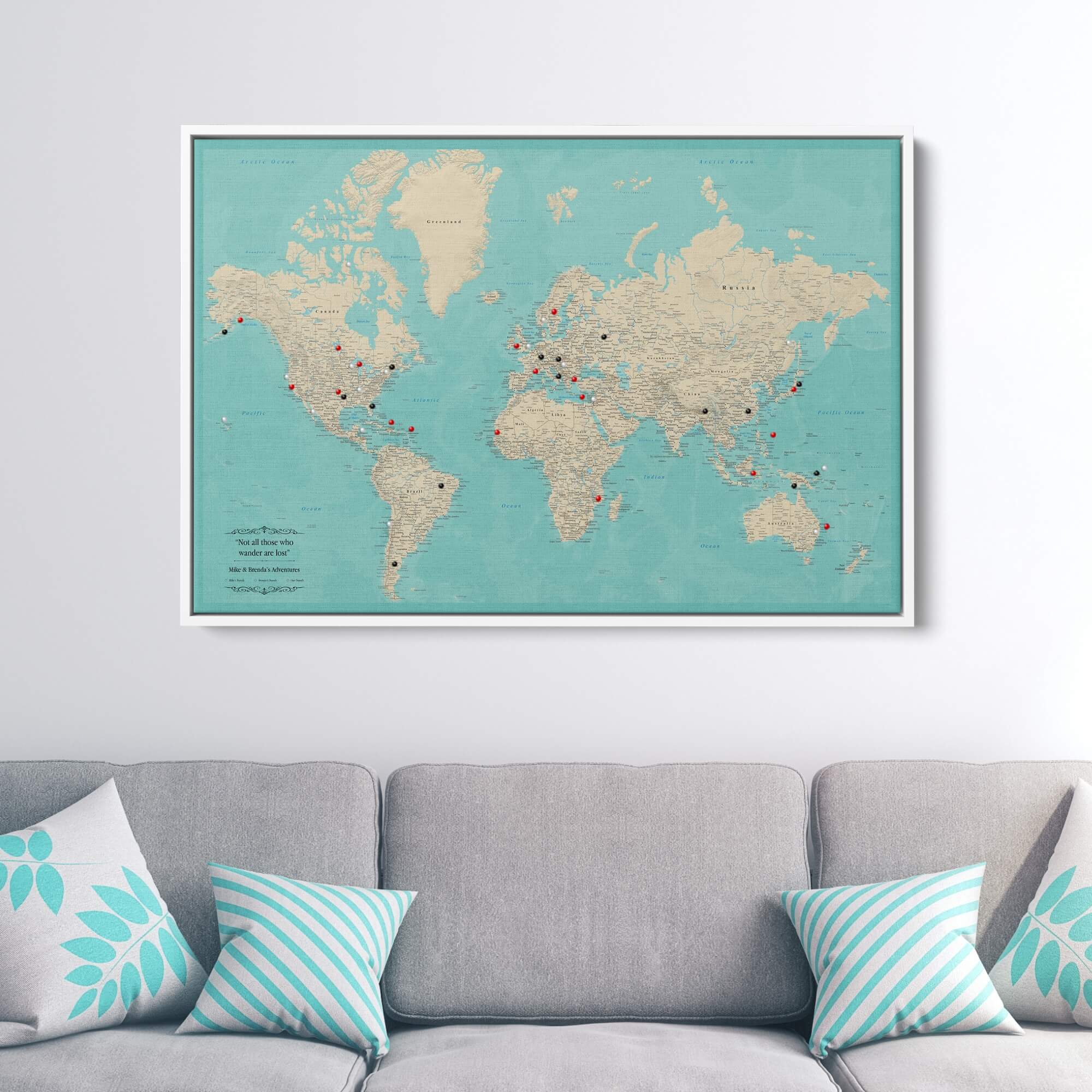 Canvas - Teal Dream World Push Pin Map with Pins