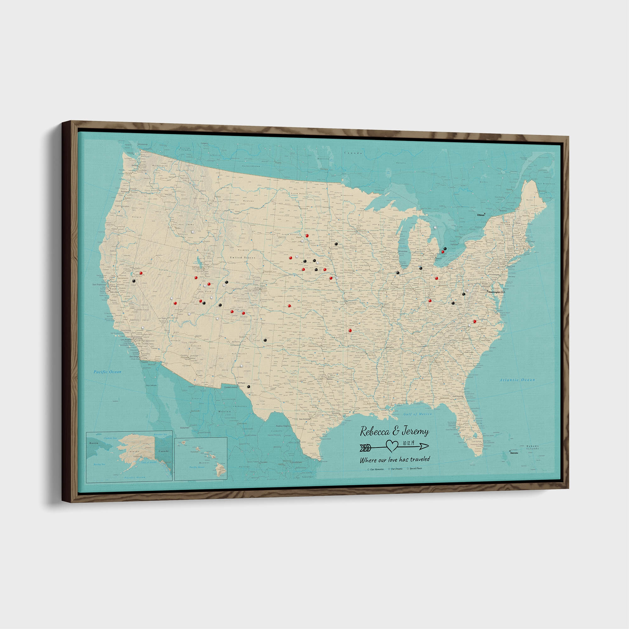 Canvas - Teal Dream USA Push Pin Map with Pins