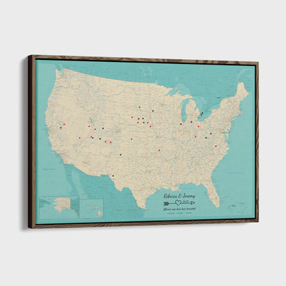 Canvas - Teal Dream USA Push Pin Map with Pins