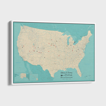 Canvas - Teal Dream USA Push Pin Map with Pins