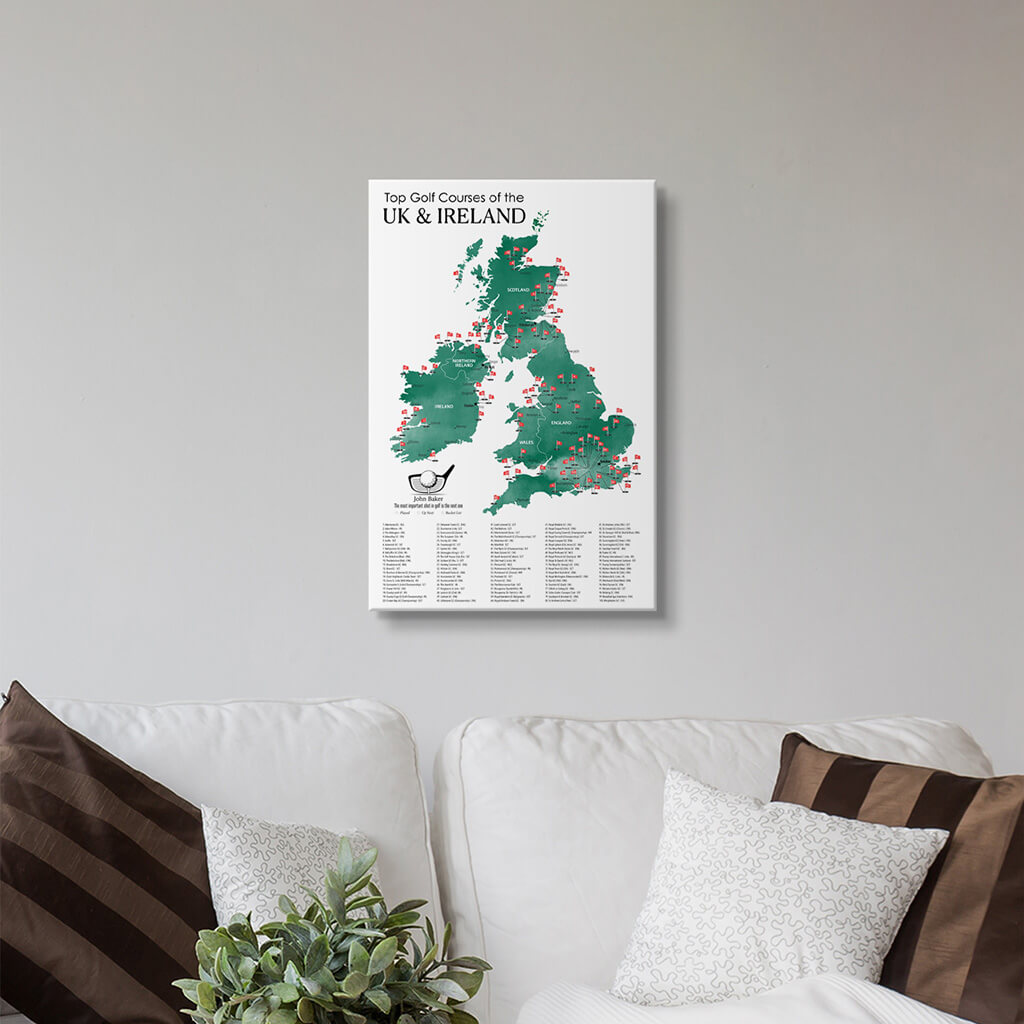 Top Golf Courses of The UK and Ireland Gallery Wrapped Canvas Maps in 16&quot; x 24&quot; size