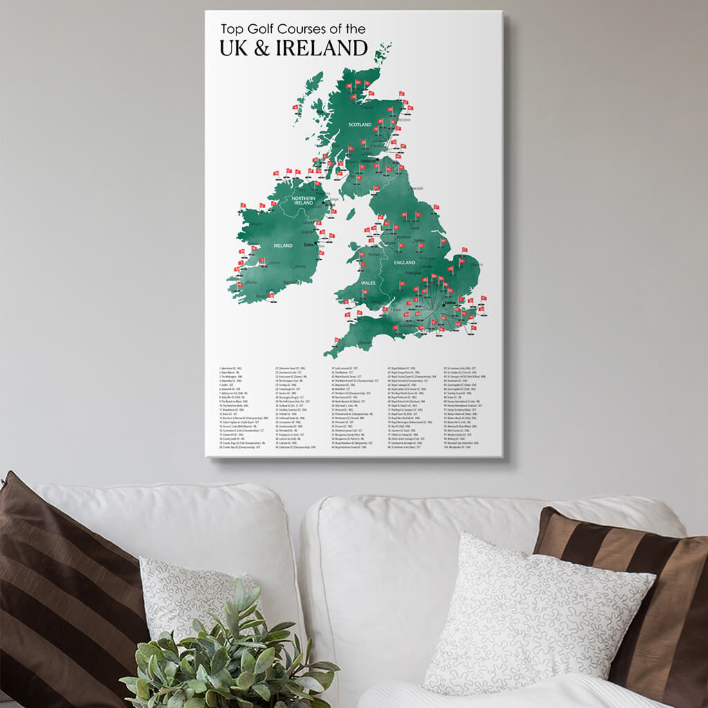 Top Golf Courses of The UK and Ireland Gallery Wrapped Canvas Map in 24x36 size