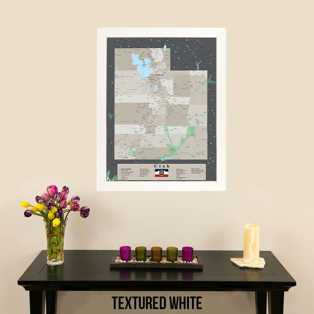 Earth Toned Utah State Pin Map Textured White Frame