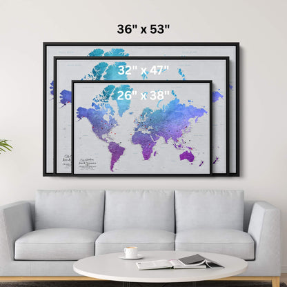 Canvas - Vibrant Violet Watercolor World Travel Map with pins