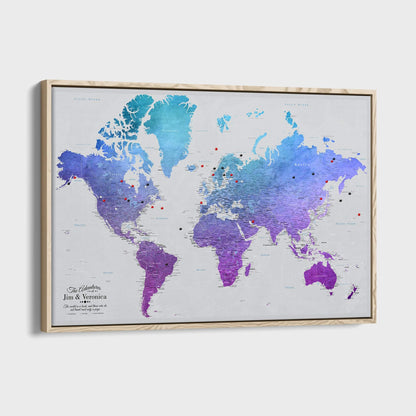 Canvas - Vibrant Violet Watercolor World Travel Map with pins