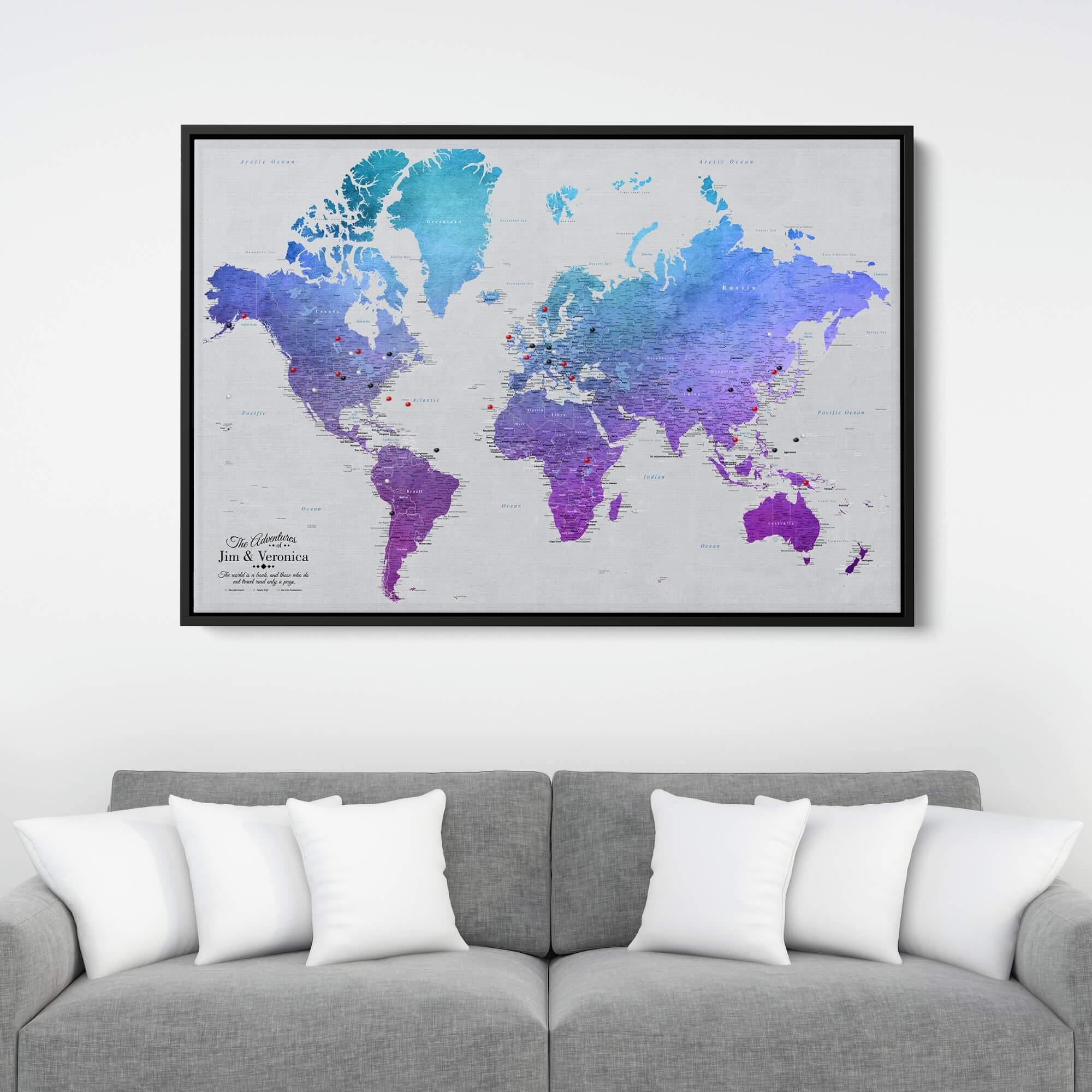 Canvas - Vibrant Violet Watercolor World Travel Map with pins